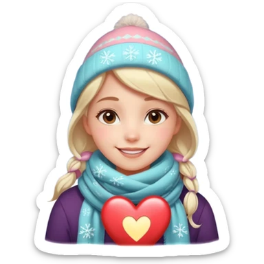 A cute, warm Christmas emoji-style illustration for a romantic A cozy winter atmosphere, soft pastel colors, gentle lighting. A sweet smiling girl with a warm scarf, glowing Christmas lights, snowflakes, and a small heart symbol. clean lines, closeness, and affection.
 sticker