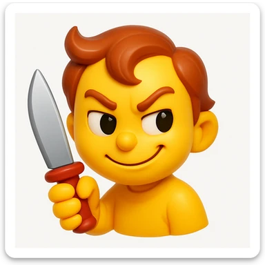 A 3D emoji in iOS emoji aesthetic style of a mischievous character holding a toy knife, with a playful smirk and cartoonish expression, not scary, bright colors, glossy surface, soft lighting, clean white background.
 sticker