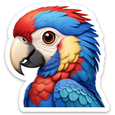 Cinematic Realistic Comical Macaw Portrait Emoji, Head tilted dramatically with an exaggeratedly amused expression, featuring a striking array of vividly detailed scarlet and blue feathers with bold natural accents and wide, expressive eyes full of playful disbelief, rendered with lifelike texture and vibrant hues, high shine, dramatic yet playful, styled with an air of cheeky avian mischief, soft glowing outline, capturing the essence of a spirited and over‐the‐top macaw that looks ready to flap its way into viral fame! sticker