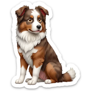 cinematic-[australian shepherd dog]-realistic-full-body-sitting-emoji,-tail-resting-loosely-beside-its-paws,-head-tilted-dramatically,-scruffy-[white and red merle]-fur,-simplified-yet-realistic-focused-features,-highly-detailed,-glowing-with-an-almost-sarcastic-glow sticker