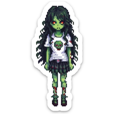 girl zombie with black long curly hair, emo style sticker
