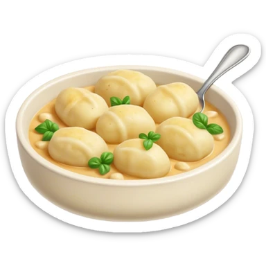 Cinematic Realistic Gnocchi Dish Emoji, showcasing tender potato dumplings in a light sauce rendered with soft textures and inviting, natural lighting. sticker