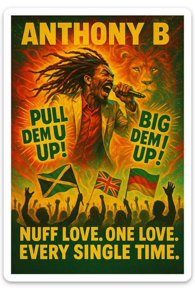 A vibrant reggae-inspired poster scene featuring Anthony B in full performance energy — dreadlocks flying, mic in hand, mid shout, pulling up the riddim. The background is a glowing fusion of red, gold, and green flames with lion imagery and subtle cosmic light trails. Around him, the words “Pull Dem Up! Big Dem Up!” explode like soundwaves. Below, a crowd of diverse viewers is shown — silhouettes of people from all nations, hands raised, flags waving (Jamaica, UK, Africa, etc). In bold text across the bottom: “Nuff Love. One Love. Every Single Time.” sticker