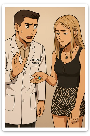 fai un webtoon/manga a colori con questo kinesiologo in camice bianco (fagli la scritta "ANTONIO ANANIA" SUL CAMICE) CHE PARLA CON QUESTA RAGAZZA. LA RAGAZZA HA UN PUGNO DI INTEGRATORI IN MANO (TANTE PILLOLE DIVERSE) E LE GUARDA DUBBIOSA. IL KINESIOLOGO CON IL CAMICE BIANCO LE DOMANDA UNA COSA SCIOCCATO. NON FARE I FUMETTI, FAI SOLO LORO COME SE DIALOGASSERO sticker