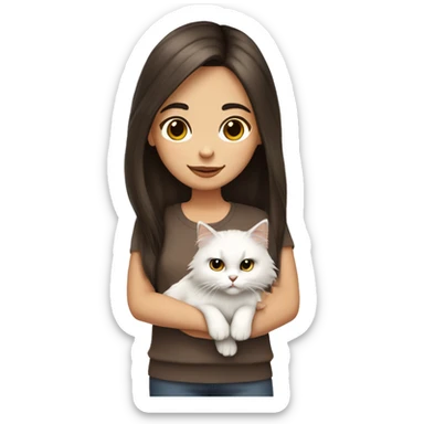 Dark brown straight hair girl with holding fluffy Siberian white cat  sticker