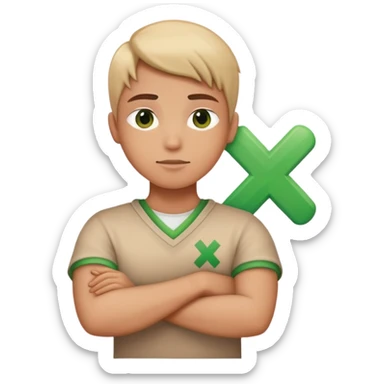 Person cross their arms in an X, with a green checkmark in bottom right corner sticker