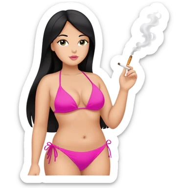 caucasian curvy girl in pink bikini, long straight black hair smoking  sticker