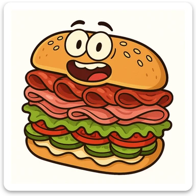 cartoon Italian sub with sesame seed bun, stacked meats and veggies, vibrant, exaggerated proportions, isolated on white background sticker