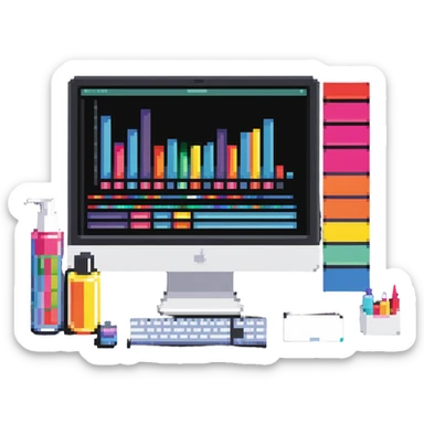 iMac computer with colorful bar charts and beauty products inside the screen sticker