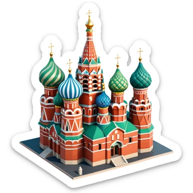 Isometric illustration of Moscow, featuring photorealistic Saint Basil's Cathedral with colorful onion domes, hand-drawn painterly details, subtle texture on bricks and roofs, realistic shadows and soft lighting, muted yet vivid color palette, diorama miniature effect. sticker