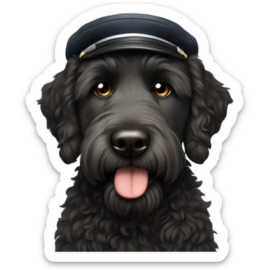 sad black labradoodle dog's face with and long nose and a pilot cap on sticker