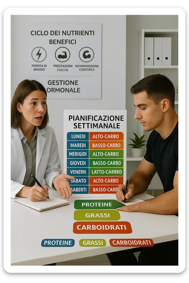 a nutritionist explains to an athlete how to cycle macronutrients for fat loss and training. On the desk, a weekly meal planner shows alternating high-carb and low-carb days, with color-coded sections for proteine, grassi, and carbo. The athlete takes notes, and a chart in the background illustrates the benefits of nutrient cycling. The mood is professional and educational. scritto in italiano sticker