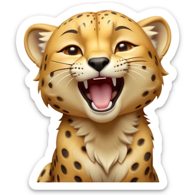 Cinematic Cute Yawning Cheetah Portrait Emoji, Head tilted slightly with a dramatic, wide-open yawn, showcasing a soft, sleek golden Fur with distinctive spots and floppy ears slightly drooping, round amber eyes barely open in drowsy contentment, Simplified yet irresistibly adorable features, highly detailed, glowing with a soft, cozy glow, high shine, relaxed yet expressive, stylized with a touch of savannah whimsy, bright and endearing, soft glowing outline, capturing the essence of a sleepy yet affectionate cheetah, so drowsy it feels like it could stretch right out of the screen and curl up for a nap! sticker