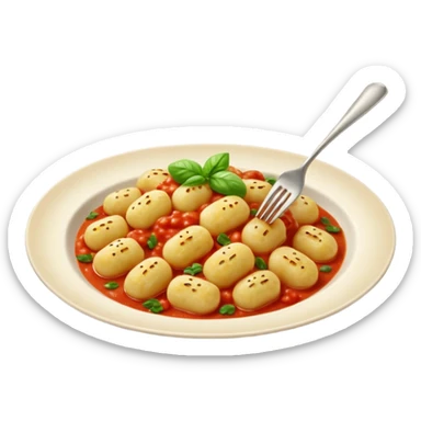 Gnocchi Cinematic Realistic Gnocchi Dish Emoji, depicted as tender oblong potato gnocchi garnished with iconic fork marks on top, rendered with soft textures and warm, inviting lighting. add red sauce sticker