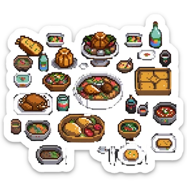 table overflowing with food sticker