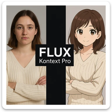 create before after image of a girl before is realsitic photo, after is anime version of her in same pose and clothes, add logo with text of a "FLUX Kontext Pro" in middle in big, black background sticker
