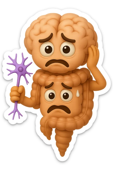 EMOJI STILE IPHONE DI UN INTESTINO collegato verticalmente ad un cervello mentre tiene in mano un neurone, espressione stressata, IPERREALISTICO 4K sticker