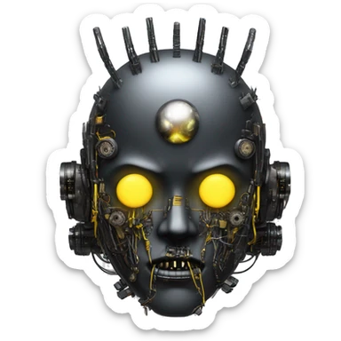 black metal cyborg head with circuitry, one artificial eyeball, and yellow Mohawk goatee sticker