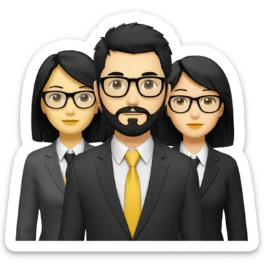 A work group avatar.Layout: two men (middle), two women (sides). Left woman: yellow skin, long black hair, glasses. Middle-left man: yellow skin, short black hair, thick black beard, shirt. Middle-right man: yellow skin, short black hair, no beard, suit. Right woman: yellow skin, long black hair.  sticker
