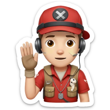 Team Fortress 2 Scout with red shirt, headset, baseball cap, dog tags, and bandages on hands sticker