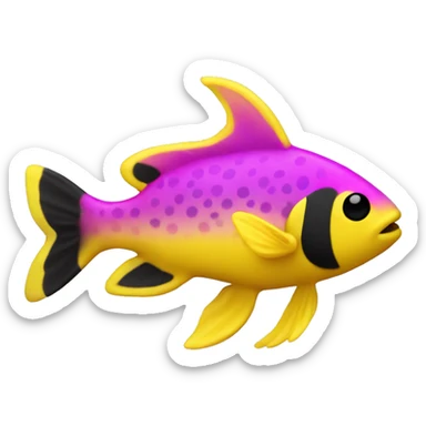 tiny fish with purpleish pink front half, neon yellow back half and black dot on top fin sticker