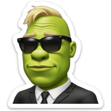 shrek kissing with white-guy-wearing-suit-with-short blonde-hair-and-black-sunglasses sticker