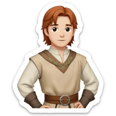 medieval spring outfit worn by a DnD themed fantasy male character. lightweight linen tunic with decorative stitching along the neckline and cuffs, belted at the waist with a cloth sash. clothes only above the waist. The clothes full waist. The character's haven't arms. character is white-skinned, auburn hair, brown eyes, shoulder-length straight hair. sticker