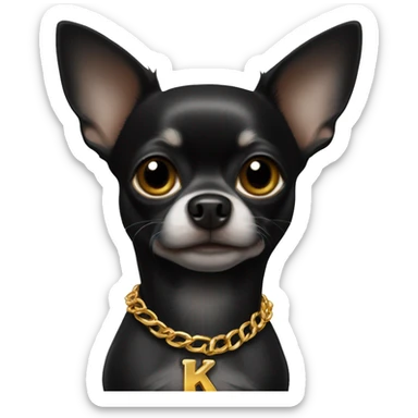Black chihuahua wearing golden chain with letter k sticker