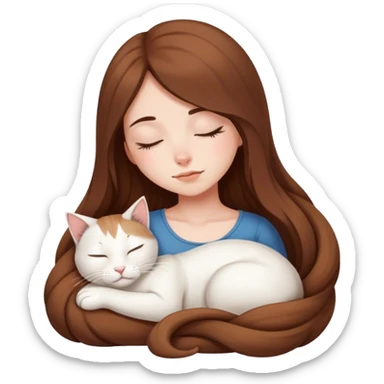 A pretty white girl with very long brown hair and sleeping curled up to a white cat  sticker