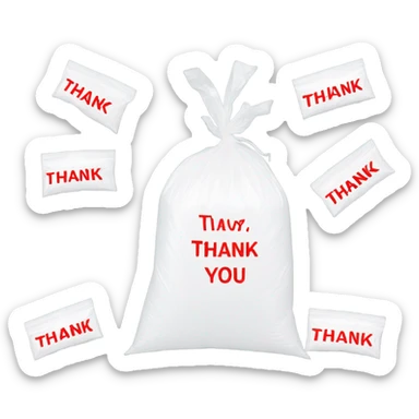 White plastic bag word thank you written on it in red on it repeated 3 times  sticker