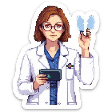 Flat pixel art, a female chemist, wearing glasses, white lab coat over indigo shirt, focusing on lab experiment, holding a flash in her right hand, waist-up, front-facing sticker
