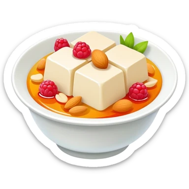 Almond tofu dessert with fruit topping, simplified emoji style with bold outlines and bright colors, cartoon style Xing Ren Doufu jelly sticker