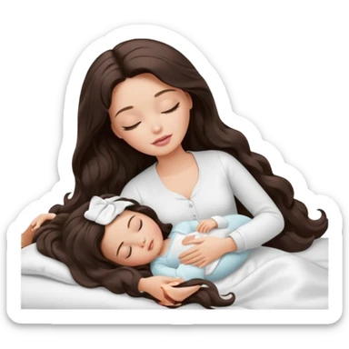 White Barbie girl dark brown long wavy hair in white clothes sleeping with white baby at cream bed, eyes are closed sticker
