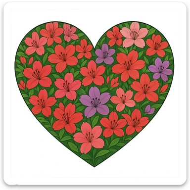 heart with a vibrant azalea garden, clean digital illustration sticker