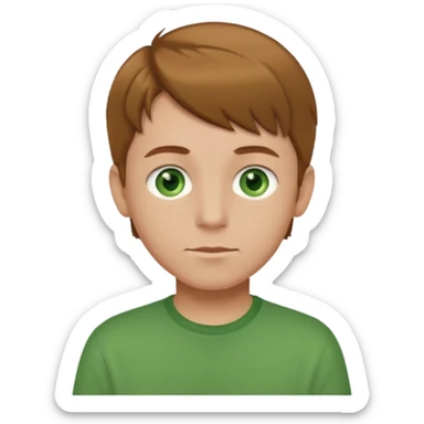 boy with light brown hair and green eyes with green shirt sticker