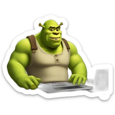 Shrek using laptop sitting on desk sticker