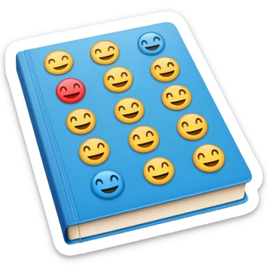 A textbook with the letters of "emoji" on its cover, where the word "emoji" is split into multiple individual letters for use. sticker