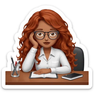 Pretty brown model, brown eyes, soft long red wavy hair, falling asleep at desk sticker