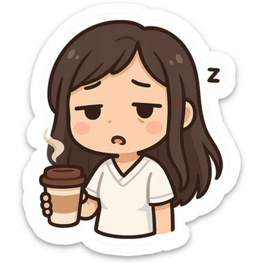 3D chibi bitmoji style sticker of a girl with long dark hair, white medical top, holding a coffee cup and looking sleepy, white outline sticker