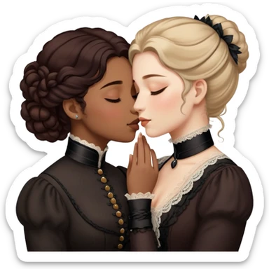 Victorian era lesbian couple kissing tenderly, eyes closed, different hair colors, wearing elegant dark period clothing sticker