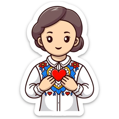 beautiful young girl in a white Ukrainian embroidered shirt clutching a large embroidered heart sticker