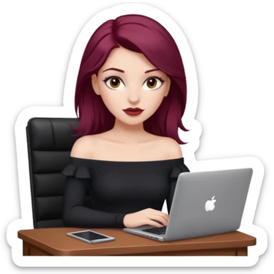 white girl, long blow-out style with middle part, burgundy hair, brown eyes, long eyelashes, full lips, off the shoulder black fitted top, laptop in front  sticker