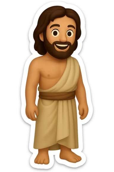 Create a portrait mode image of Apostle Peter in classic emoji style with lighter colors. He should be shirtless with plain robes, a full beard, smiling, and no background. Focus on a classic emoji look with simplified features and lighter color palette. sticker