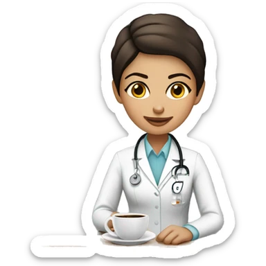 doctora morena de pelo largo con un café trabajando  sticker