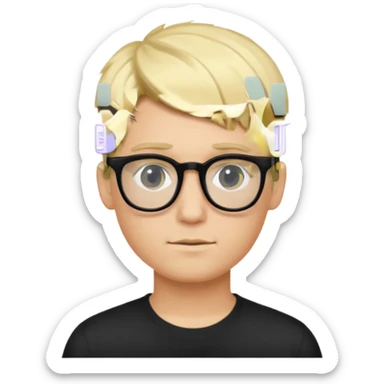 Young male with short blonde hair and black glasses sticker