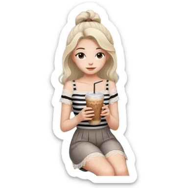 Minimalist girl holding an iced coffee in a chic cafe setting, white lace top, soft natural hair, modern gray striped wall, wooden bench, aesthetic and cozy mood ☕🌿🤍” sticker