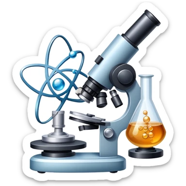 An icon featuring a microscope, a metal sample, and atomic structure symbols, symbolizing materials science. The design includes crystal lattices, polymers, and lab tools, representing the study of material properties and engineering. Transparent background highlights scientific analysis. sticker