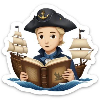Reading Fiction: a sailing ship made of book pages floating on waves, with swashbuckling musketeers on horseback and a detective silhouette resembling Sherlock Holmes in the background. The icon should capture the adventurous and romantic spirit of classic literature. Transparent background. sticker