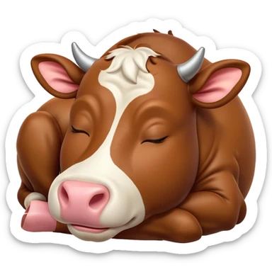 Meme-Worthy Cute Sleeping Brown Cow Portrait Emoji, Head resting peacefully with a contented smile, showcasing a robust build and a luxuriously soft deep brown hide, eyes shut in a serene, restful nap, Simplified yet hilariously adorable features, highly detailed, glowing with a soft, drowsy light, high shine, relaxed and utterly lovable, stylized with an air of playful laziness, bright and heartwarming, soft glowing outline, capturing the essence of a comically sleepy cow, so meme-worthy it feels like it could instantly become the next viral sensation of adorable slumber! sticker