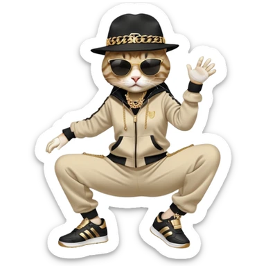 female cat dressed like Run DMC in tracksuit, fedora, Adidas shoes, dark sunglasses, lots of gold chains and bling accessories, break dancing sticker